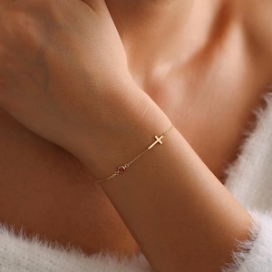 Cross Bracelet with Birthstone, Dainty silver and gold Cross Bracelet, Confirmation Gift, Baptism Gift, Christmas Gift For Her, Couples Gift, Friendship Bracelet, gift for mom, mothers day gift