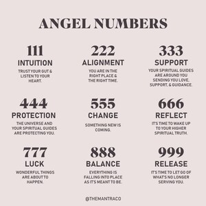 May include: A chart with nine angel numbers, each with a corresponding meaning. The numbers are 111, 222, 333, 444, 555, 666, 777, 888, and 999. The meanings are intuition, alignment, support, protection, change, reflect, luck, balance, and release.