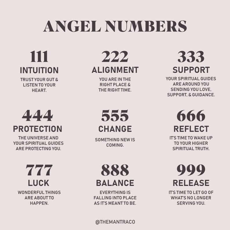 May include: A chart with nine angel numbers, each with a corresponding meaning. The numbers are 111, 222, 333, 444, 555, 666, 777, 888, and 999. The meanings are intuition, alignment, support, protection, change, reflect, luck, balance, and release.