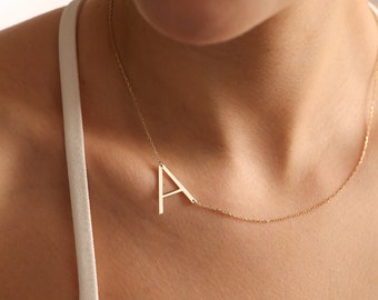 Big Letter Necklace, Large Sideways Necklace, Initial Name Chain, Gold Alphabet Necklace, Gift For Women, Mom Gift, Letter Necklace Silver