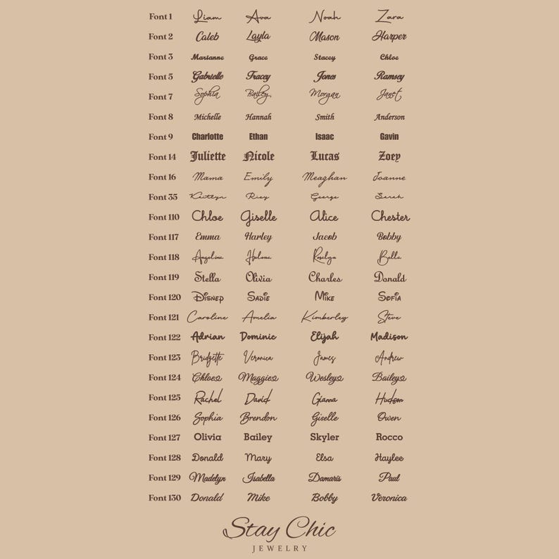 Puede incluir: Un fondo beige muestra una lista de nombres en varias fuentes, numerados del 1 al 130. Los nombres est&aacute;n en estilo manuscrito, con ejemplos como Liam, Caleb y Marianne. El texto "Stay Chic Jewelry" est&aacute; en la parte inferior.