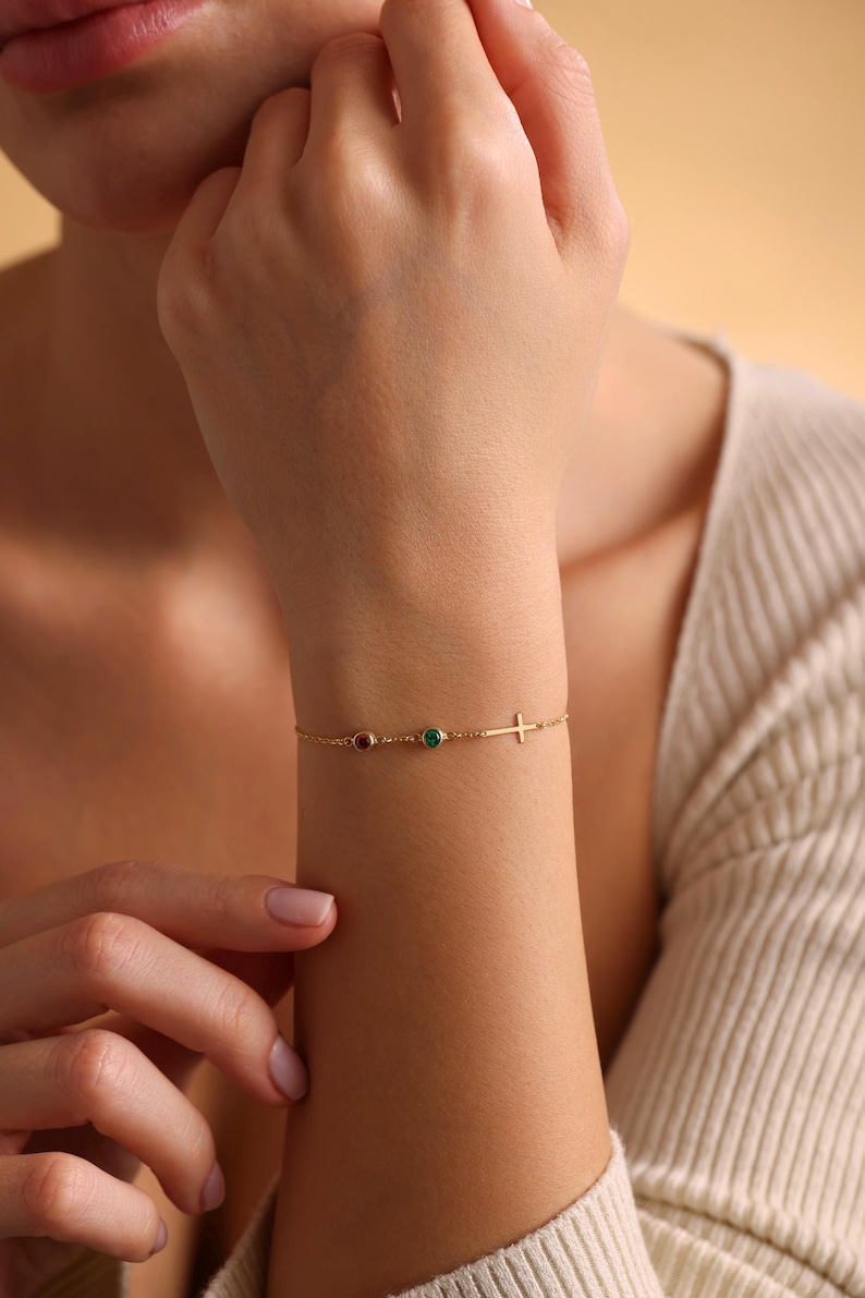 Cross Bracelet with Birthstone, Dainty silver and gold Cross Bracelet, Confirmation Gift, Baptism Gift, Christmas Gift For Her, Couples Gift, Friendship Bracelet, gift for mom, mothers day gift