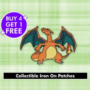 Shiny Mega Charizard Y - Iron on patch - Metallic Embroidered. Pokemon  patch.