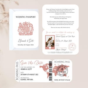 May include: A save the date wedding invitation in the form of a passport and boarding pass. The invitation is pink and white with a photo of the couple and a world map. The text reads "Save the Date for the Wedding of Hannah & Scott, Saturday 6th August 2022, Algarve, Portugal".