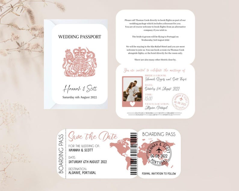 May include: A save the date wedding invitation in the form of a passport and boarding pass. The invitation is pink and white with a photo of the couple and a world map. The text reads "Save the Date for the Wedding of Hannah & Scott, Saturday 6th August 2022, Algarve, Portugal".