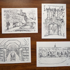 Set mit vier A5-Drucken vom St. John's College, Oxford auf cremefarbenem Karton (The Old Bibliothek, Front Quad, The Porter's Lodge und The Secret Garden)