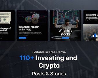 Más de 110 plantillas de Instagram para invertir, crear criptomonedas y hacer negocios, dirigidas a corredores de inversión, empresas de criptomonedas y pequeñas empresas.
