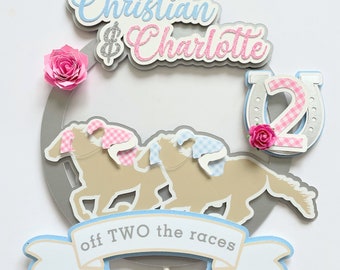 ONEderful Kentucky Derby Siblings Twins Cake Topper Horse Racing Birthday Party - Off To The Races - One for the Roses - Off TWO the races