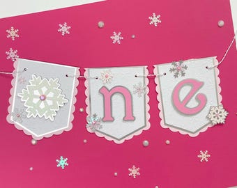 Winter ONEderland Highchair Banner, Snowflake First Winter Birthday in Pink and Silver - Winter Wonderland Party Decorations