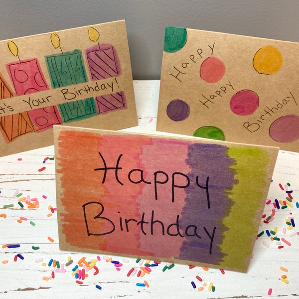 3 Happy Birthday cards! Celebrate with this handmade colorful card. This fun bday design will brighten anyone's day - set of 3, hand crafted