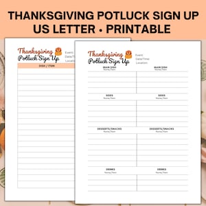 Thanksgiving Potluck Sign Up Sheet Printable, Holiday Potluck Sign Up Sheet