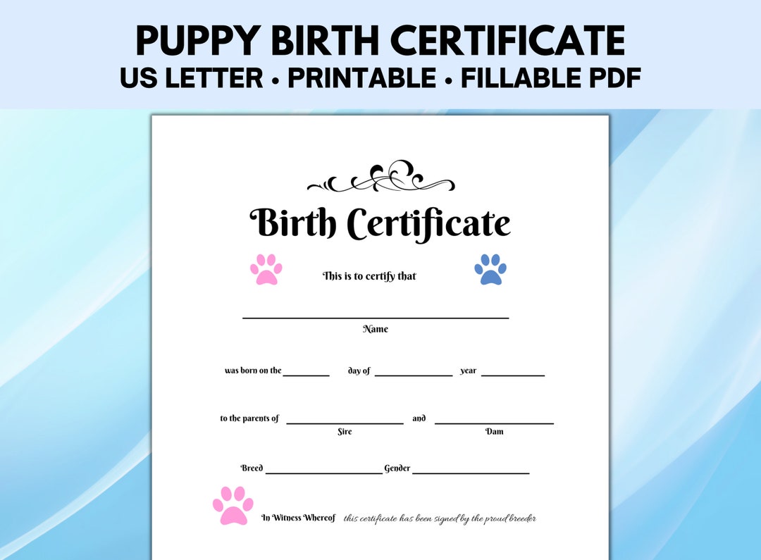 Puppy Birth Certificate Dog Birth Certificate Etsy
