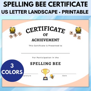 Spelling Bee Certificate, Award and Certificate of Achievement for Kids