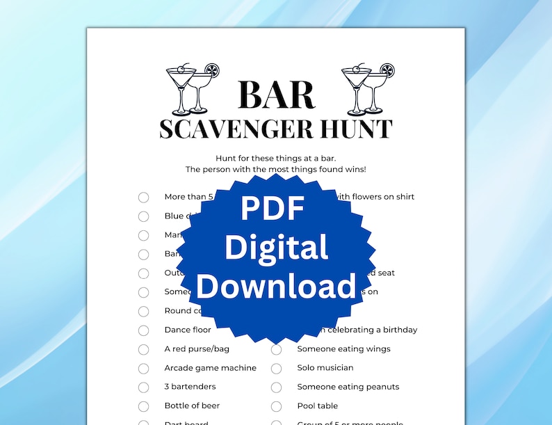 Bar Scavenger Hunt, Pub Crawl Scavenger Hunt, Bar Crawl Scavenger Hunt