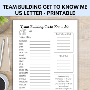Team Building Get to Know Me Questionnaire Printable, Team Building Games Activities Work, Employee Favorites, All About Me Favorite Things