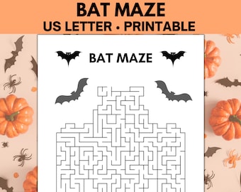 May include: A printable bat maze activity sheet for kids. The sheet features a black and white maze with a bat at the start and end. The title "BAT MAZE" is at the top of the sheet, and "US LETTER - PRINTABLE" is below the title.