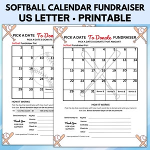 Softball Calendar Fundraiser, Pick a Date Donation, Pick a Date to Donate Fundraiser, Softball Fundraiser Calendar, Fundraising Calendar