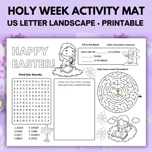 Holy Week Activity Placemat, Easter Kids Activity Mats, Palm Sunday Coloring Placemat, Holy Week Activities and Games, Palm Sunday Activity