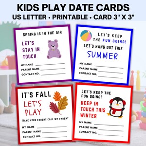 Kids Play Date Cards, Fall, Winter, Spring, Summer Playdate Cards, Kids Business Calling Cards