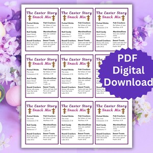 May include: Six printable cards with the title "The Easter Story Snack Mix" and a cross. Each card has a list of snack items and corresponding Bible verses. The cards are on a purple background with white flowers.