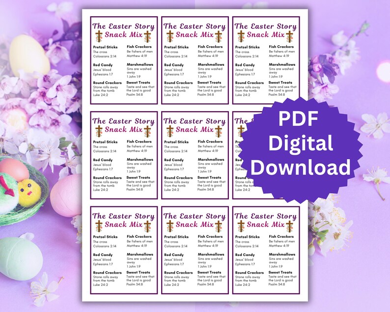 May include: Six printable cards with the title "The Easter Story Snack Mix" and a cross. Each card has a list of snack items and corresponding Bible verses. The cards are on a purple background with white flowers.