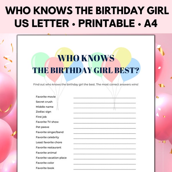 Who Knows the Birthday Girl Best, How Well Do You Know, Birthday Games for Her, Birthday Girl Quiz