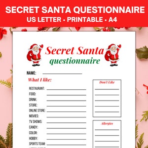 Cuestionario imprimible de amigo invisible, lista de deseos navideños, lista de compras, lista de regalos navideños para intercambio de regalos