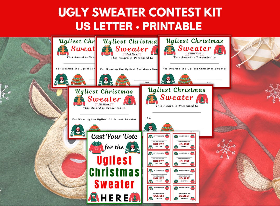 Ugly Christmas Sweater Voting Cards, Sign and Certificate for Ugly ...