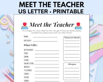 Meet the Teacher, Teacher Favorite Questionnaire, Teacher About Me and Favorite Things List, All About My Teacher and Survey
