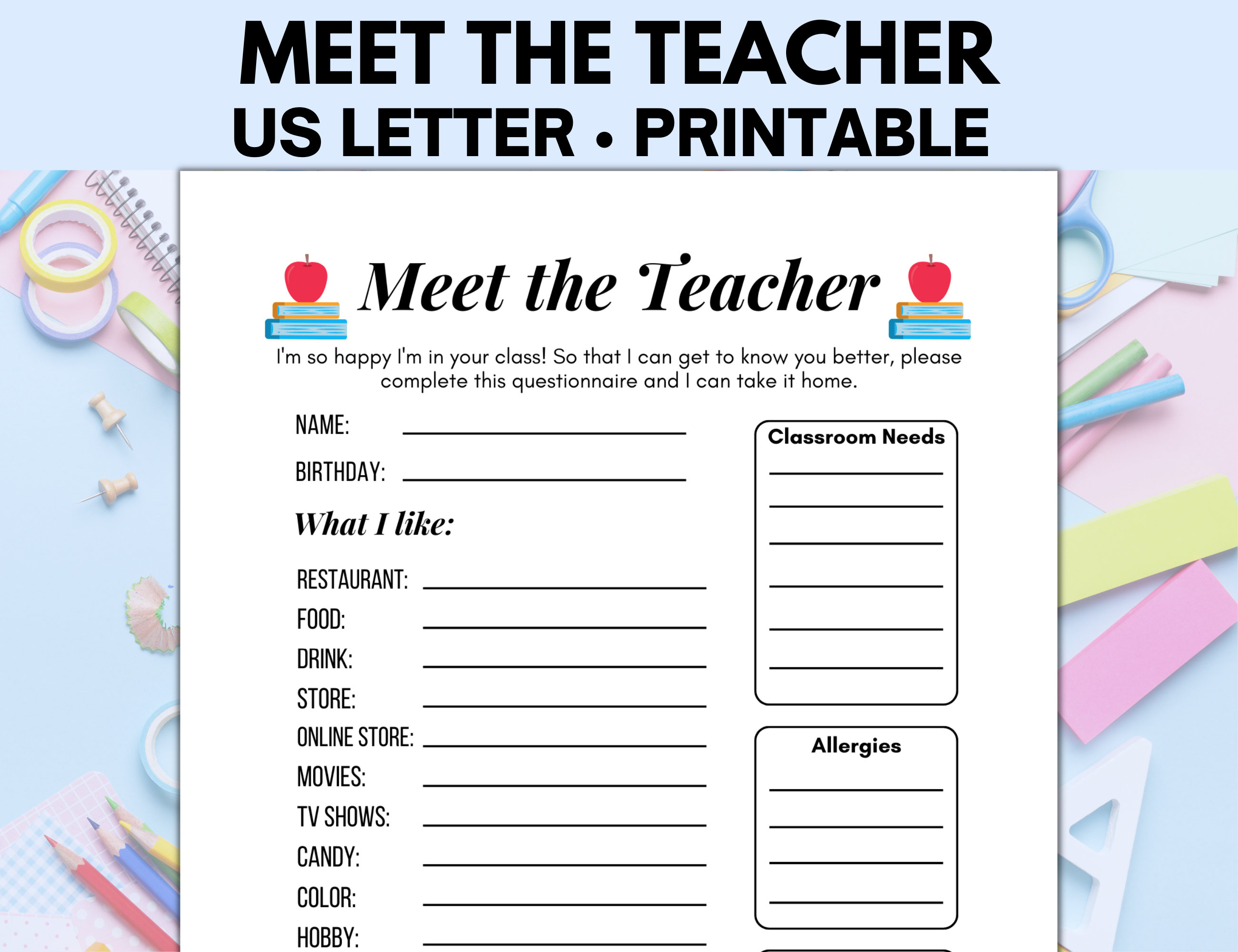 Meet the Teacher, Teacher Favorite Questionnaire, Teacher