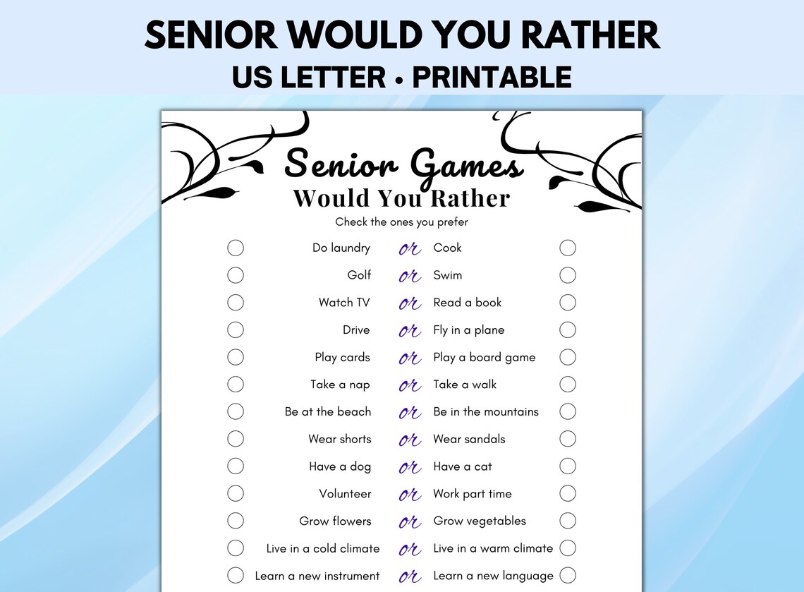 Senior Would You Rather Game, Printable Games for Seniors, Senior Brain
