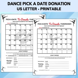 Dance Pick a Date Donation, Fundraiser Calendar, Pick a Date to Donate Fundraiser, Calendar Fundraiser, Fundraising Calendar