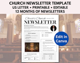 Church Newsletter Editable 12 Month Template, Church Bulletin, Church Flyer, One Year Newsletter, Monthly Pastor Newsletter