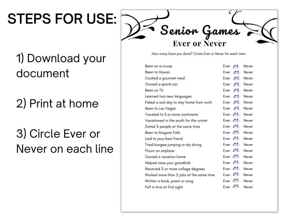 Senior Ever or Never Printable Games for Seniors Ice Breaker Games Senior Ever or Never Printable Games for Seniors Ice Breaker Games