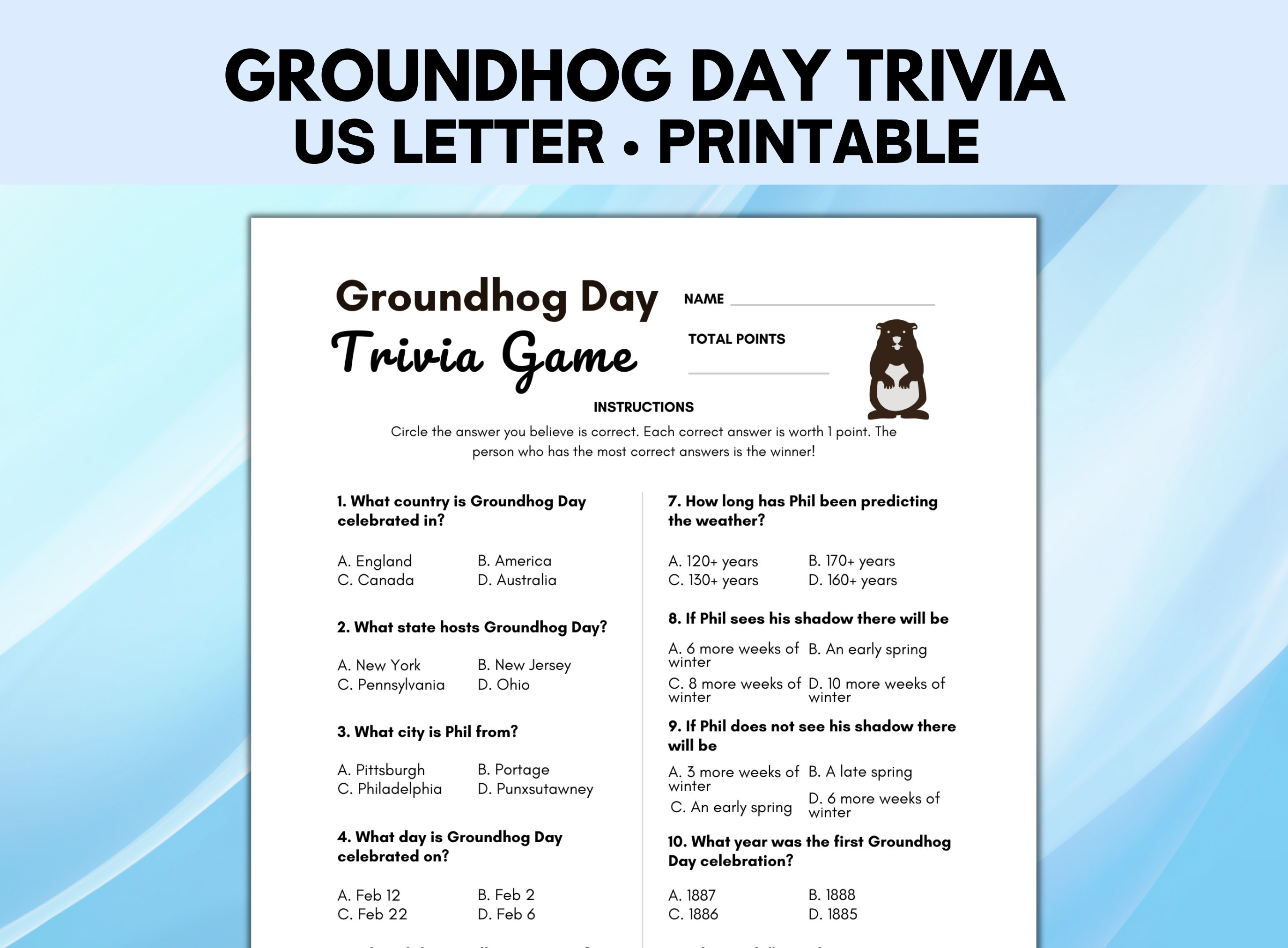 groundhog day trivia, groundhog day printable, groundhog