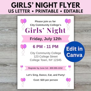 Girls&#39; Night Flyer Editable, Ladies Night Flyer Template, Moms&#39; Night Out, Girls&#39; Night Invite, Girls&#39; Night Out Party