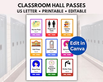 Pases de aula editables, Pase de profesor, Pases de aula, Pase de pasillo personalizado, Pase de baño