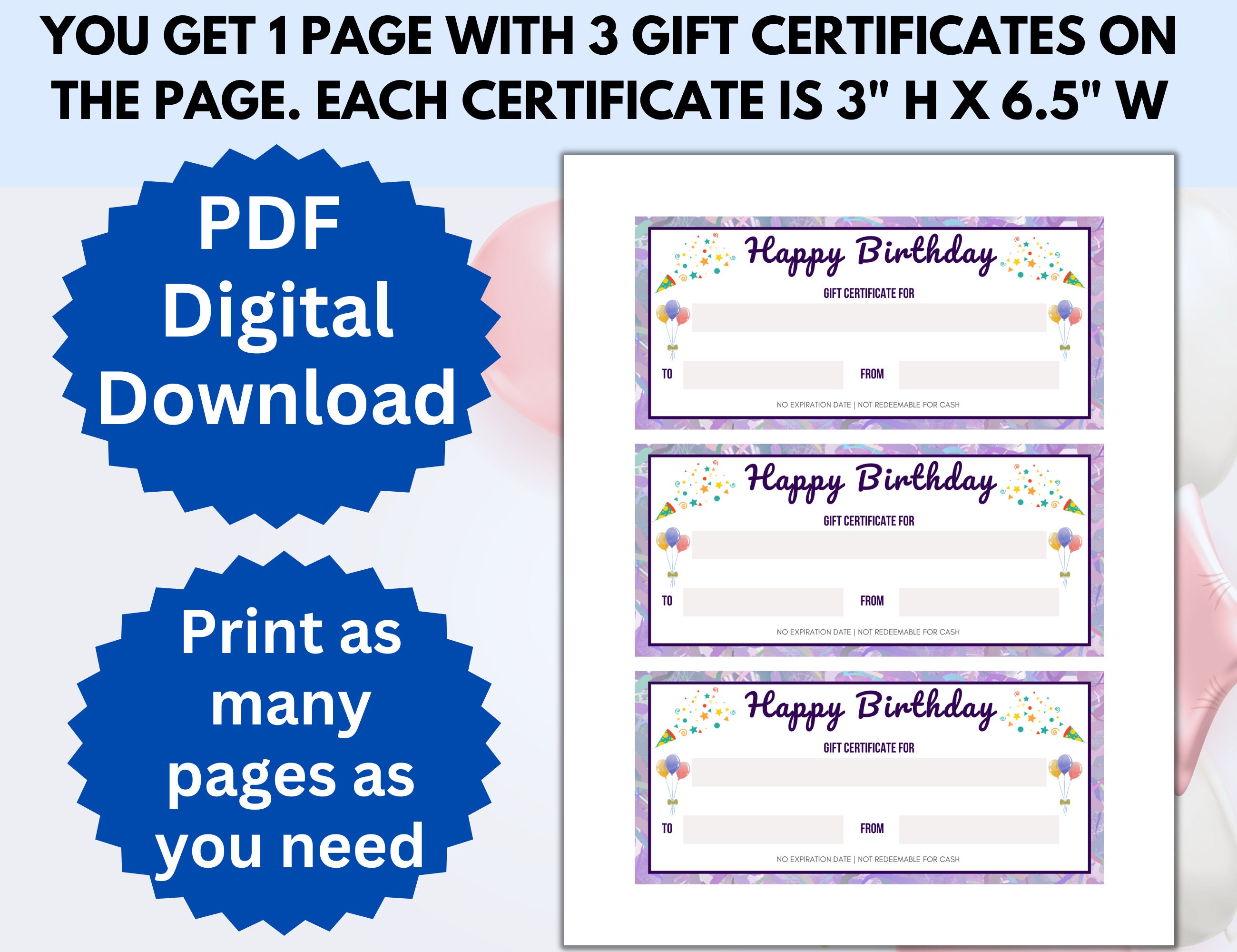 Printable Birthday Gift Certificate, Gift Certificate Template, Gift