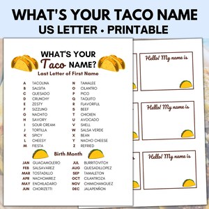 What&#39;s Your Taco Name Game, Taco Party Game, Cinco de Mayo Games, Fiesta Games