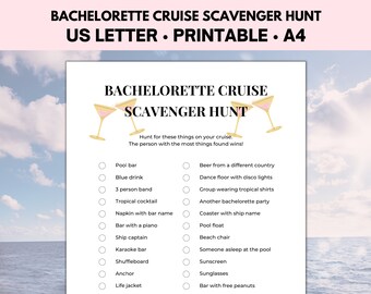 May include: A printable bachelorette cruise scavenger hunt checklist with a list of items to find on a cruise ship. The list includes items like a pool bar, blue drink, 3 person band, tropical cocktail, napkin with bar name, bar with a piano, ship captain, karaoke bar, shuffleboard, anchor, life jacket, beer from a different country, dance floor with disco lights, group wearing tropical shirts, another bachelorette party, coaster with ship name, pool float, beach chair, someone asleep at the pool, sunscreen, sunglasses, and bar with free peanuts.