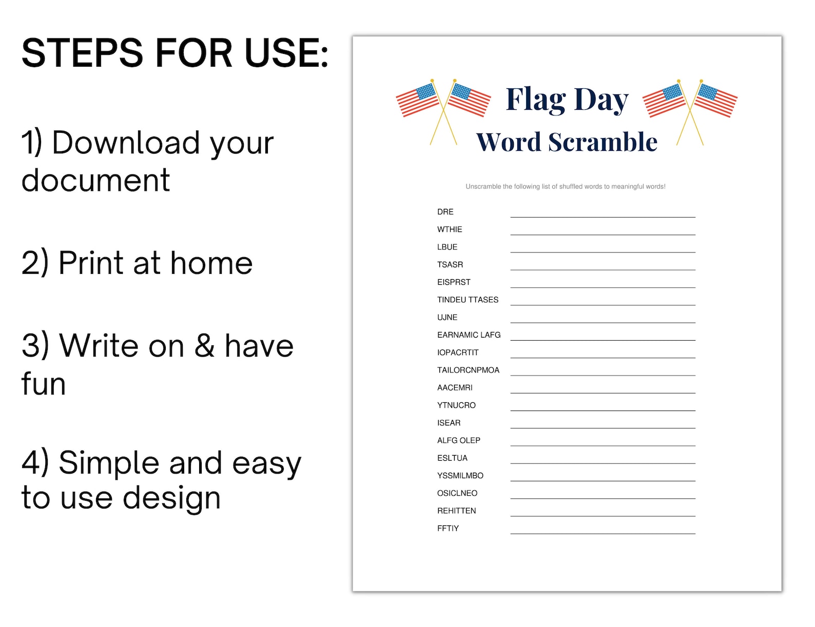 Flag Day Word Scramble, Flag Day Printable, Flag Day Activities, Flag