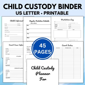 May include: A black and white printable child custody binder with 45 pages. The binder includes forms for child information, regular visitation schedule, visitation log, court case information, and court dates.