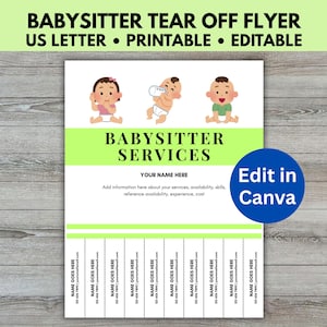 Babysitting Flyer, Editable Babysitter Flyer, Childcare Flyer Template, Nanny Flyer, Babysitter Poster Tear Off Flyer