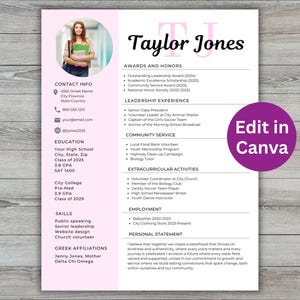 Sorority Resume Template, Rush Resume, Resume Template Pink Editable, Sorority Rush Resume with Photo, Sorority Cover Letter and References