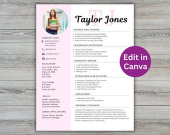 Sorority Resume Template, Rush Resume, Lebenslaufvorlage Pink bearbeitbar, Sorority Rush Resume mit Foto, Sorority Anschreiben und Referenzen