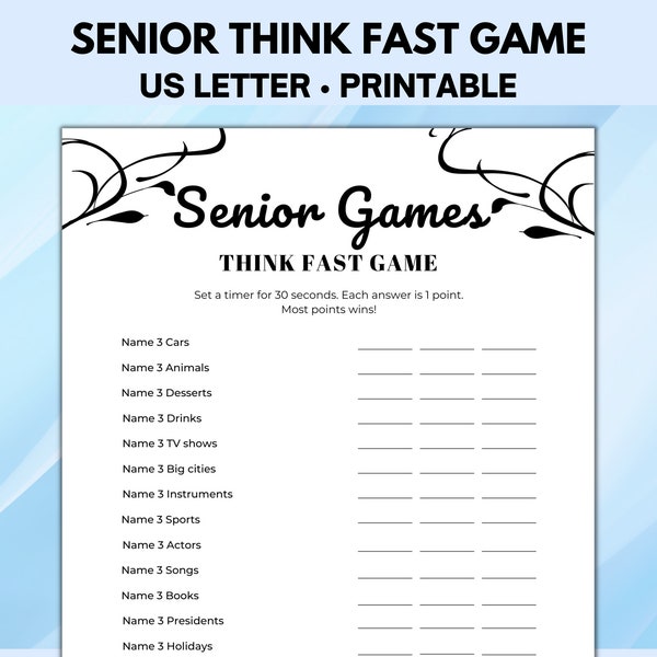 Senior Think Fast Game, Printable Games for Seniors, Ice Breaker Games, Senior Brain Games, Retirement Games, Retiree Games
