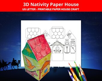 Printable Nativity Scene 3D Paper House Craft and Coloring Page