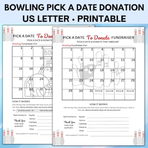 Bowling Pick a Date Donation, Fundraiser Calendar, Pick a Date to Donate Fundraiser, Calendar Fundraiser, Fundraising Calendar