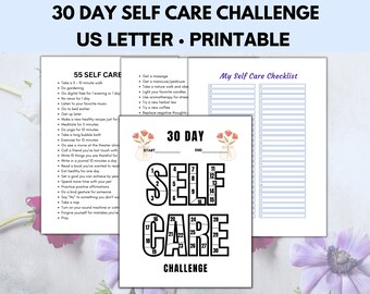 May include: A printable 30-day self-care challenge with a checklist and a grid to track progress. The grid features the word "SELF CARE" with each letter representing a day of the month. The checklist includes 55 self-care activities.