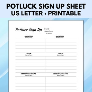 Potluck Sign Up Sheet, Food Sign Up Sheet
